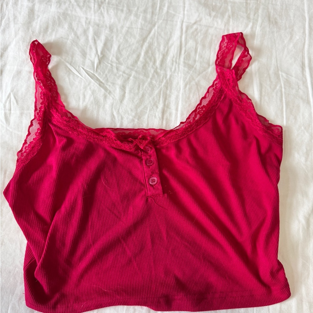 Red/Pink Lace Trim Crop Top